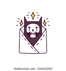 Cute cat skull inside the envelope, illustration for t-shirt, sticker, or apparel merchandise. With doodle, retro, and cartoon style.