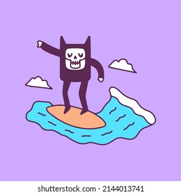 Cute cat skull surfing, illustration for t-shirt, sticker, or apparel merchandise. With doodle, retro, and cartoon style.