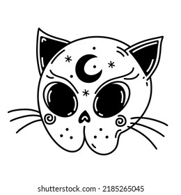 Cute cat skull vector icon. Occult magical kitten skeleton isolated on white background. Pet head with witch symbol. Black outline, line art, sketch. For logo, tattoo, Halloween, El Dia de Muertos