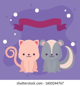 Cute cat and skunk cartoons design, Animals zoo life nature character childhood and adorable theme Vector illustration