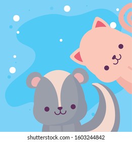 Cute cat and skunk cartoons design, Animals zoo life nature character childhood and adorable theme Vector illustration