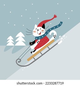 Cute cat sledding down hill. Happy pet  in winter snow landscape. Cartoon animal, funny kitten ride from mountain. Vector illustration for kids, flat design. Idea for print on baby cards, poster, etc