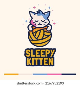 cute cat sleep with ball mascot logo concept