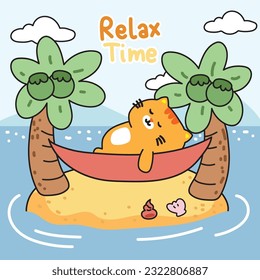 Cute cat sleep on cradle on the sea beach background.Summer trip holiday concept.Pet animal character cartoon design.Meow lover.Kawaii.Vector.illustration.