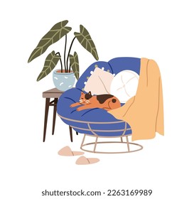 Cute cat sleeping in armchair at home. Feline animal dreaming, asleep in cosy comfortable chair. Adorable kitty lying, resting in comfort. Flat vector illustration isolated on white background