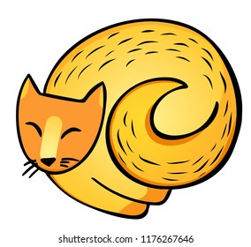 Cute cat sleeping in a ball on while background. Sunny cat. Autumn animal. Vector illustration. Perfect for postcard, greeting card, print.