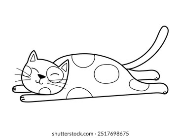 Cute cat sleeping in black and white. Funny feline character isolated element in outline. Great for coloring page, prints and cards. Vector illustration