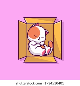 Cute Cat Sleeping In Box Cartoon Vector Icon Illustration. Animal Icon Concept Isolated Premium Vector. Flat Cartoon Style 
