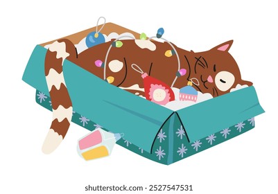 Cute cat sleeping in a box with Christmas toys and garland flat vector illustration isolated on white.