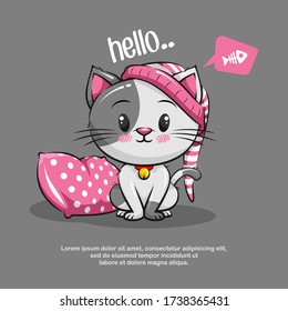 Cute Cat With Sleeping Cap Cartoon Illustration