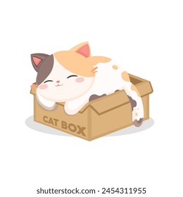Lindo gato que duerme en una caja de cartón, Ilustración vectorial de dibujos animados aislada sobre fondo blanco