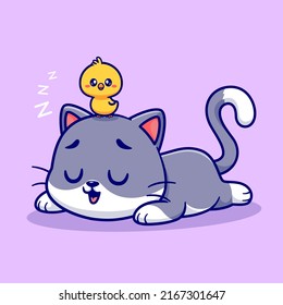 Cute Cat Sleeping With Chick Cartoon Vector Icon Illustration. Animal Nature Icon Concept Isolated Premium Vector. Flat Cartoon Style