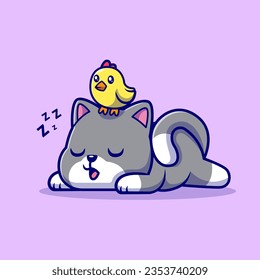 Cute Cat Sleeping With Chick Cartoon Vector Icon Illustration. Animal Nature Icon Concept Isolated Premium Vector. Flat Cartoon Style