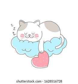 Cute cat sleeping in the cloud hanging love symbol