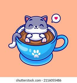 Cute Cat Sleeping In Coffee Cup Cartoon Vector Icon Illustration. Animal Drink Icon Concept Isolated Premium Vector. Flat Cartoon Style