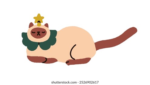 Cute cat sleeping, decorated with festive ornaments. Funny Christmas holiday feline with star topper on head, decoration. Humorous comic kitty. Flat vector illustration isolated on white background