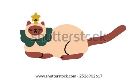 Cute cat sleeping, decorated with festive ornaments. Funny Christmas holiday feline with star topper on head, decoration. Humorous comic kitty. Flat vector illustration isolated on white background