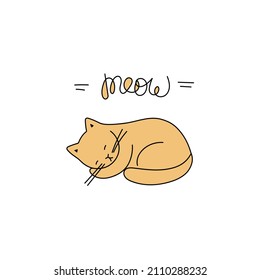 The cute cat is sleeping. Doodle vector illustration with editable line with black and yellow color. Pet image for kids print, T-shirt design.