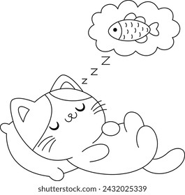 The cute cat is sleeping and dreaming coloring page. Kawaii kitten illustration coloring book 