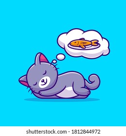 Cute Cat Sleeping And Dreaming Fish Cartoon Vector Icon Illustration. Animal aIcon Concept Isolated Premium Vector. Flat Cartoon Style