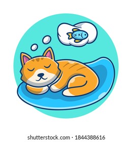 Cute Cat Sleeping And Dreaming Fish Cartoon Vector Illustration. Cat icon cartoon concept. Animal illustration. Flat Cartoon Style Suitable for Product, Apparel, Digital Print 