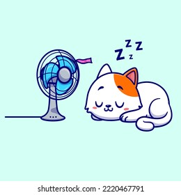 Un Gato Astuto Con Ilustración Del Icono Del Vector De Caricatura Del Ventilador Del Vector Del Ventilador. Vector Premium Aislado De Icono De Tecnología Animal. Estilo de dibujo plano