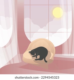 cute cat sleeping in a fantasy home. Vector illustration.