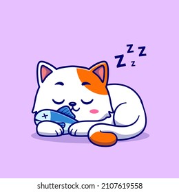 Cute Cat Sleeping With Fish Cartoon Vector Icon Illustration. Animal Nature Icon Concept Isolated Premium Vector. Flat Cartoon Style