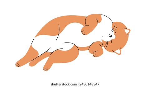 Cute cat sleeping. Funny lazy kitty asleep, dreaming, slumbering. Amusing adorable kawaii kitten pet, feline animal relaxing, resting, reposing. Flat vector illustration isolated on white background