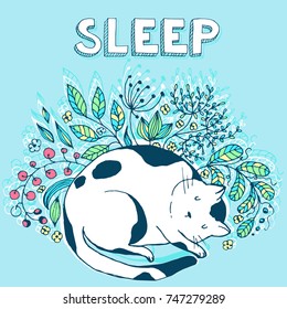 Cute cat sleeping in the grass and flowers - vector hand drawn illustration