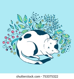 Cute cat sleeping in the grass and flowers - vector hand drawn illustration