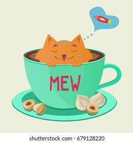 Cute cat is sleeping into coffee cup and dreaming about fish. Vector illustration of kitty sitting into mug with in cartoon flat style. Card, postcard, print design concept. Coffee time image.