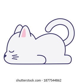 Un gato lindo durmiendo aislado en un fondo blanco. Diseño plano para afiches o camisetas. Ilustración del vector