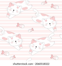 Cute cat sleeping (Kawaii animal): Pastel color kid food dessert bakery product fabulous fashion child decoration cafe shop, Invitation post, t-shirt