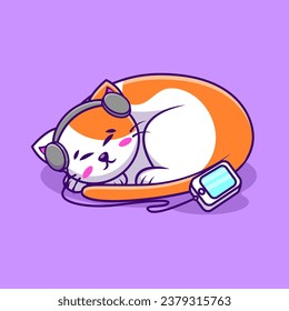 Cute Cat Sleeping Listening Music With Headphone Cartoon Vector Illustration. Flat Cartoon Concept.