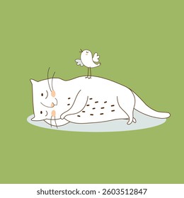 Cute cat sleeping with little bird on his back. Funny white fat kitten and singing bird is friends. Happy cartoon character. Hand drawn vector illustration isolated on green background. Flat design. 