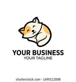 Cute Cat Sleeping Logo Design Template