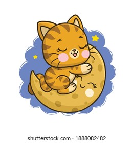Cute cat sleeping the moon isolated on white background.