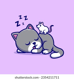 Cute Cat Sleeping With Mouse Cartoon Vector Icon Illustration. Animal Nature Icon Concept Isolated Premium Vector. Flat Cartoon Style