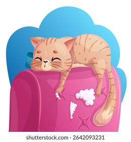 A cute cat is sleeping on the back of an armchair. A charming animal with a bow around its neck. Isolated vector illustration for design, prints and patterns.
