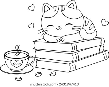 Cute cat is sleeping on the books coloring page. Kawaii kitten illustration coloring book 