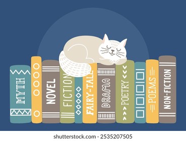 Cute cat sleeping on bookshelf. Education, library, literature concept. Different literary genres books. Reading, literature, education concept. 