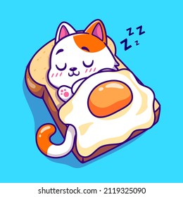 Cute Cat Sleeping On Bread With Egg Blanket Cartoon Vector Icon Illustration. Animal Food Icon Concept Isolated Premium Vector. Flat Cartoon Style