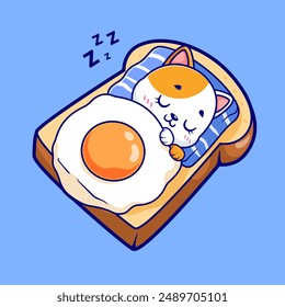 Lindo Gato Durmiendo En Pan Con Huevo Ilustración De Icono De Vector De Dibujos Animados. Concepto de ícono de comida animal Vector Premium aislado. Estilo plano de dibujos animados