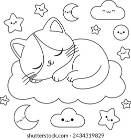 The cute cat is sleeping on the cloud coloring page