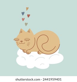 Cute cat sleeping on a cloud. Doodle kitten. Cartoon childish design. Vector illustration