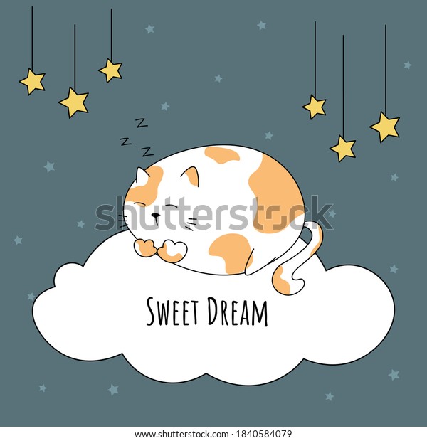 Cute Cat Sleeping On Cloud Darkblue Stock Vector (Royalty Free ...