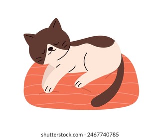 Cute cat sleeping on cushion. Flat cartoon style vector illustration isolated on white background