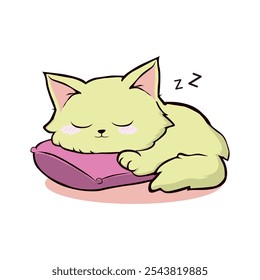 Cute cat sleeping on cushion. Flat cartoon style vector illustration isolated on white background