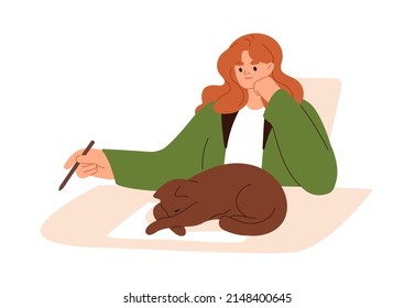 Cute cat sleeping on desk while person working. Funny kitty lying at workplace, pet owner with pencil at table at home. Female and kitten. Flat vector illustration isolated on white background